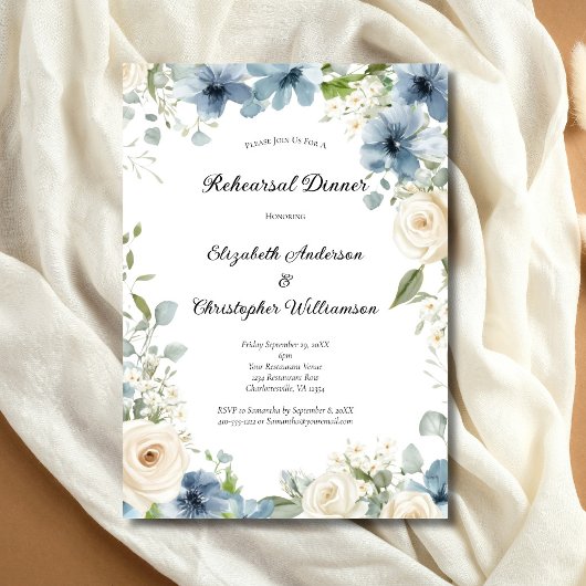 Invitation Blue White Watercolor Florals Rehearsal Dinner