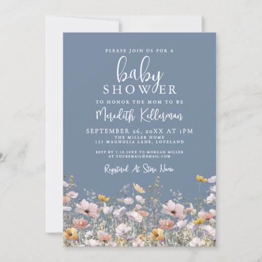 Invitation Blue Wildflower Baby Shower (Devant)