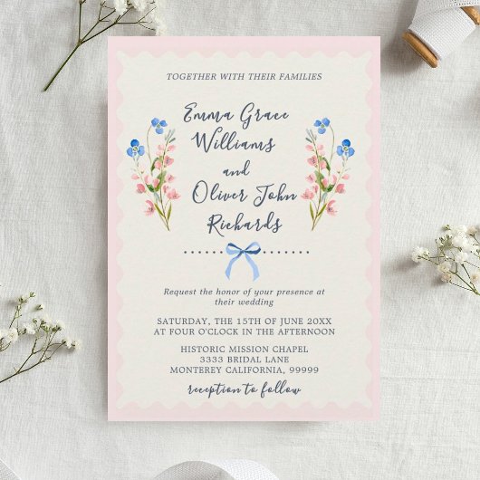 Invitation Blue Wildflowers Pink Romantic Garden Wedding
