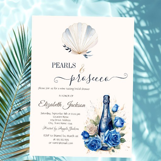 Invitation Blue Wine Roses Seashell Pearls & Prosecco 