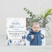 Invitation Blue Winter Animals Onederland 1st Birthday Photo (Debout devant)