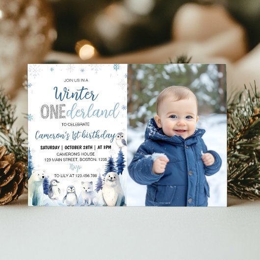 Invitation Blue Winter Animals Onederland 1st Birthday Photo
