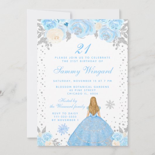Invitation Blue Winter Blonde Hair Princess Anniversaire (Devant)