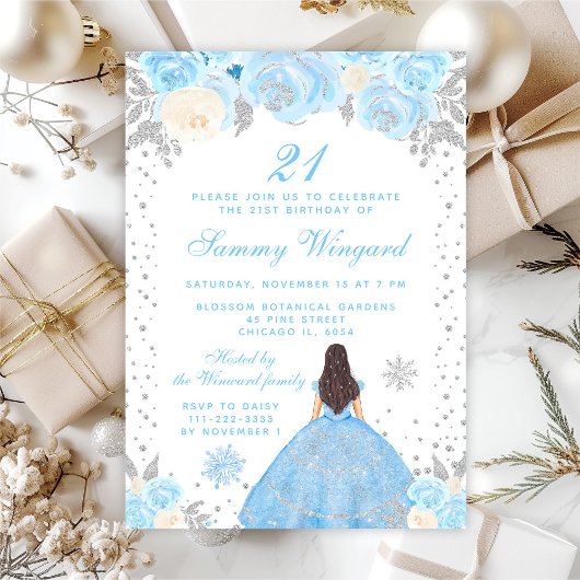 Invitation Blue Winter Brunette Hair Princesse Anniversaire