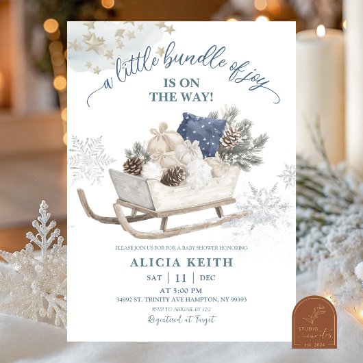 Invitation Blue Winter Christmas Sleigh Baby Shower