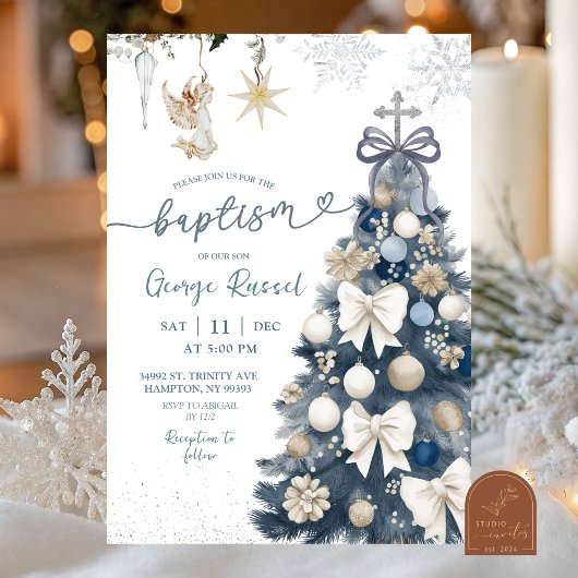 Invitation Blue Winter Coquette Bow Christmas Baptism