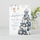 Invitation Blue Winter Coquette Bow Christmas Baptism (Debout devant)