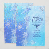 Invitation Blue Winter Feuilles & Snowflakes Sweet 16 Party (Devant / Derrière)