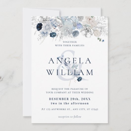 Invitation Blue Winter Floral Mariage élégant (Devant)