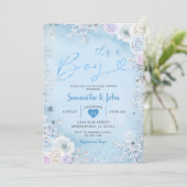 Invitation Blue Winter Floral Snowflake Baby shower de garçon (Debout devant)