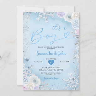 Invitation Blue Winter Floral Snowflake Baby shower de garçon