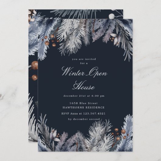Invitation Blue Winter Greenery Winter Open House (Devant / Derrière)