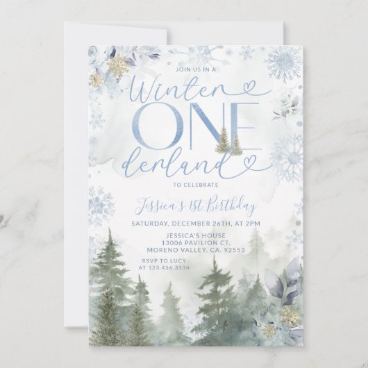 Invitation Blue Winter Onederland Forest Snowfall Birthday (Devant)