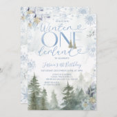 Invitation Blue Winter Onederland Forest Snowfall Birthday (Devant / Derrière)