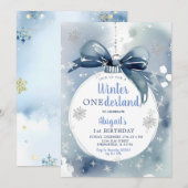 Invitation Blue Winter Onederland Noël Ornement Anniversaire (Devant / Derrière)