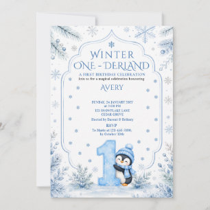 Invitation Blue Winter ONEderland Pingouin Flocon de Neige An