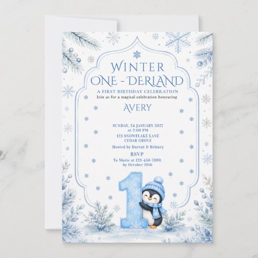 Invitation Blue Winter ONEderland Pingouin Flocon de Neige An (Devant)
