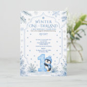 Invitation Blue Winter ONEderland Pingouin Flocon de Neige An (Debout devant)