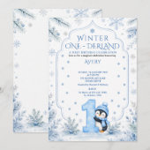 Invitation Blue Winter ONEderland Pingouin Flocon de Neige An (Devant / Derrière)