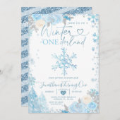 Invitation Blue Winter Onederland Snowflake 1er anniversaire  (Devant / Derrière)