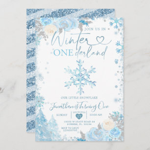 Invitation Blue Winter Onederland Snowflake 1er anniversaire 