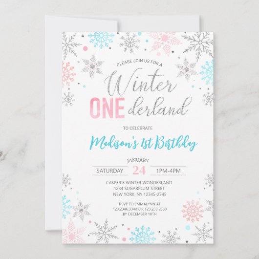 Invitation Blue Winter Onederland Snowflakes Premier annivers (Devant)