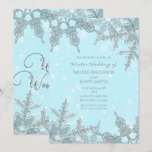 Invitation Blue Winter Wonderland Élégant Mariage de flocons  (Devant / Derrière)