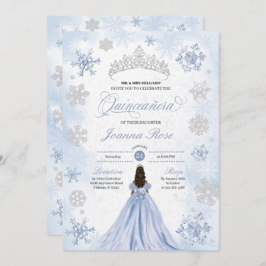 Invitation Blue Winter Wonderland Snowflake Quinceanera (Devant / Derrière)