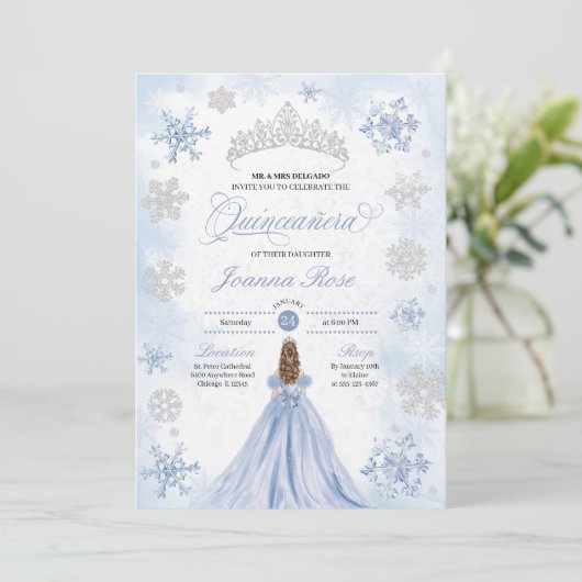 Invitation Blue Winter Wonderland Snowflake Quinceanera (Debout devant)
