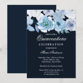 Invitation Blue Wonderland Grey Floral Quinceanera Party (Devant / Derrière)
