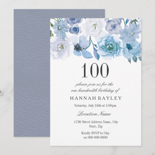 Invitation Blue Wonderland Grey Flower 100e anniversaire Invi (Devant / Derrière)