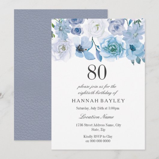 Invitation Blue Wonderland Grey Flower 80e anniversaire Invit (Devant / Derrière)