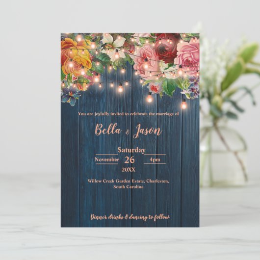Invitation Blue Wood Floral String Lights Rustic Wedding (Debout devant)
