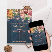 Invitation Blue Wood Floral String Lights Rustic Wedding
