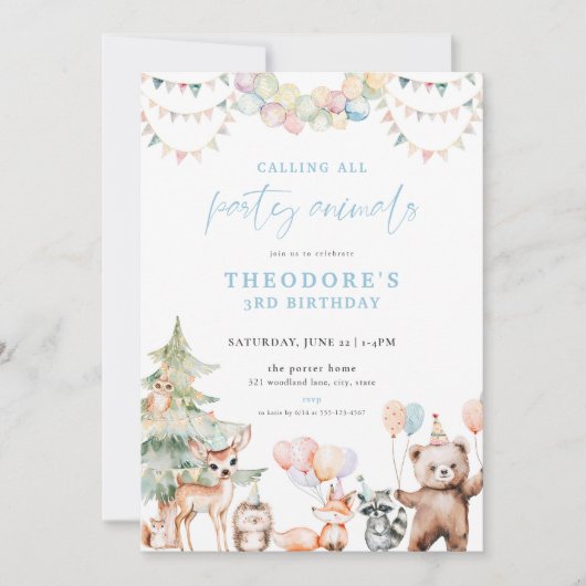Invitation Blue Woodland Party Animaux Anniversaire Invitatio (Devant)