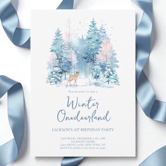 Invitation Blue Woodland Winter Onederland 1ère fête d'annive