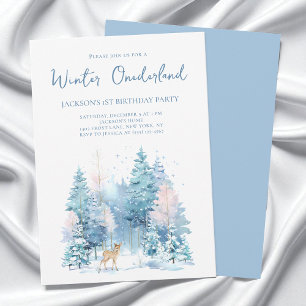 Invitation Blue Woodland Winter Wonderland 1ère fête d'annive