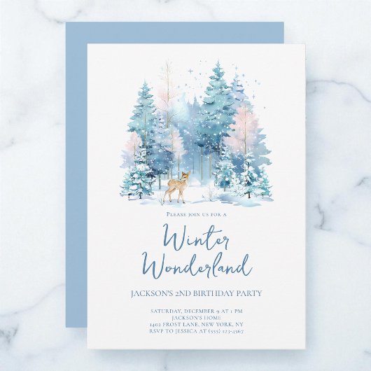 Invitation Blue Woodland Winter Wonderland 2e fête d'annivers