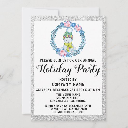 Invitation Blue Wreath Christmas Company Fête d'argent (Devant)