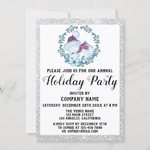 Invitation Blue Wreath Christmas Company Fête d'argent