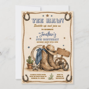 Invitation Blue Yee haw ! Anniversaire 5ème Rodéo Cowboy de l