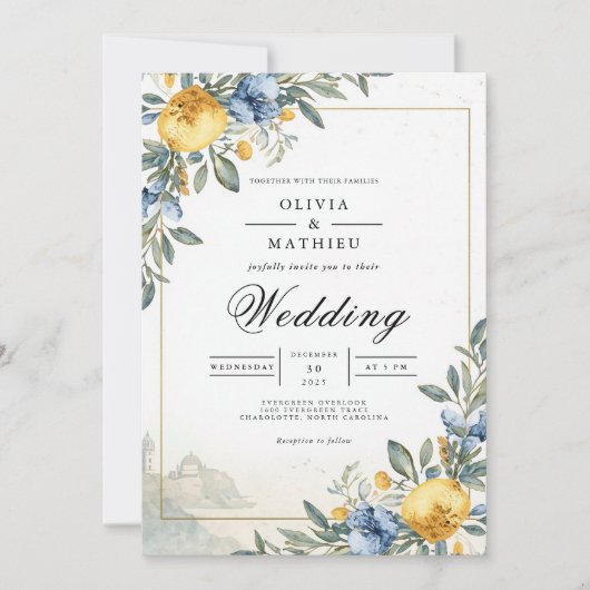Invitation Blue Yellow Botanical Arch Wedding (Devant)