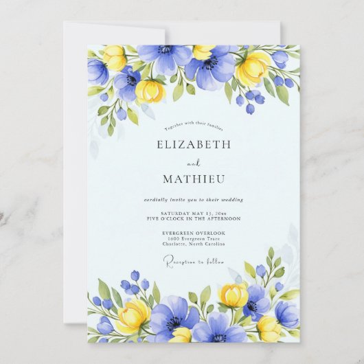 Invitation Blue Yellow Floral Spring Wedding (Devant)