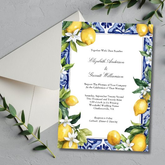 Invitation Blue Yellow Lemon Mediterranean Tile Wedding