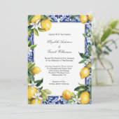 Invitation Blue Yellow Lemon Mediterranean Tile Wedding (Debout devant)