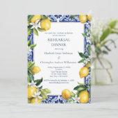 Invitation Blue Yellow Lemons Mediterranean Rehearsal Dinner  (Debout devant)