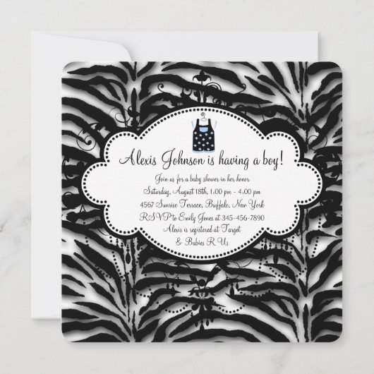 Invitation Blue Zebra Baby Boy Douche (Dos)