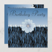 Invitation Blue Zebra Stripes, Pearls & Flower Bird Party (Devant / Derrière)