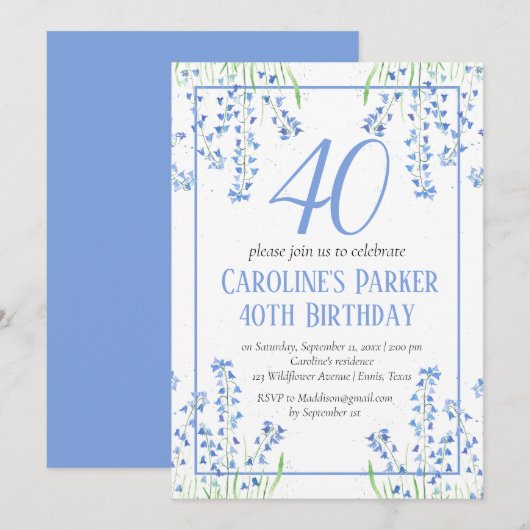 Invitation Bluebells 40e anniversaire Bleu Floral Botanique (Devant / Derrière)