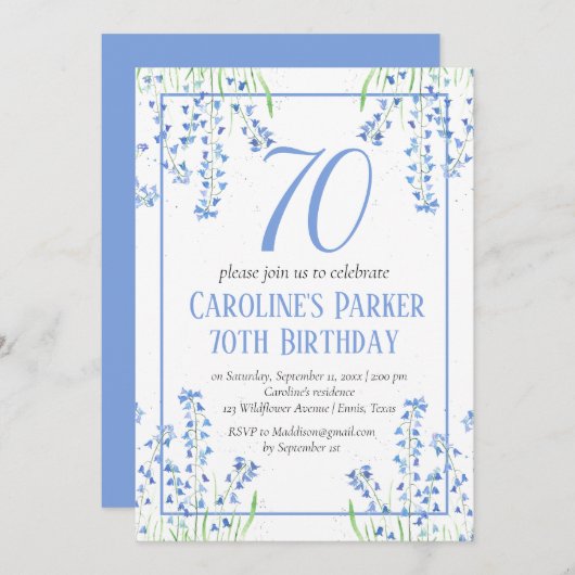 Invitation Bluebells 70e anniversaire Bleu Floral Botanique (Devant / Derrière)